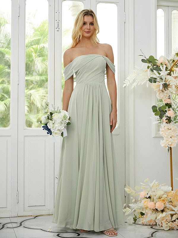 Wholesa A-Line/Princess Chiffon Ruched Off-the-Shoulder Sleeveless Floor-Length Bridesmaid Dresses