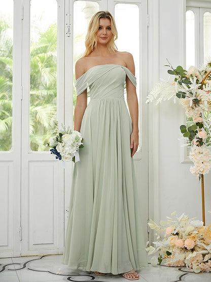 Wholesa A-Line/Princess Chiffon Ruched Off-the-Shoulder Sleeveless Floor-Length Bridesmaid Dresses