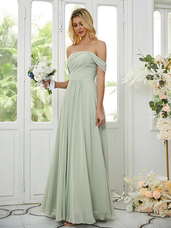 Wholesa A-Line/Princess Chiffon Ruched Off-the-Shoulder Sleeveless Floor-Length Bridesmaid Dresses