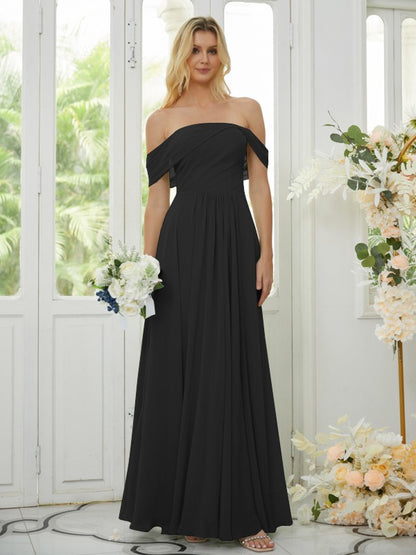 Wholesa A-Line/Princess Chiffon Ruched Off-the-Shoulder Sleeveless Floor-Length Bridesmaid Dresses