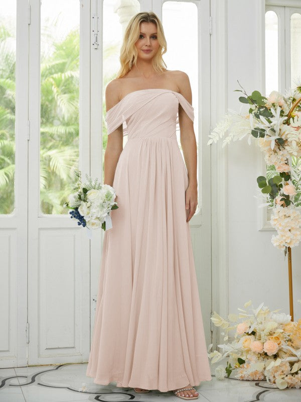 Wholesa A-Line/Princess Chiffon Ruched Off-the-Shoulder Sleeveless Floor-Length Bridesmaid Dresses