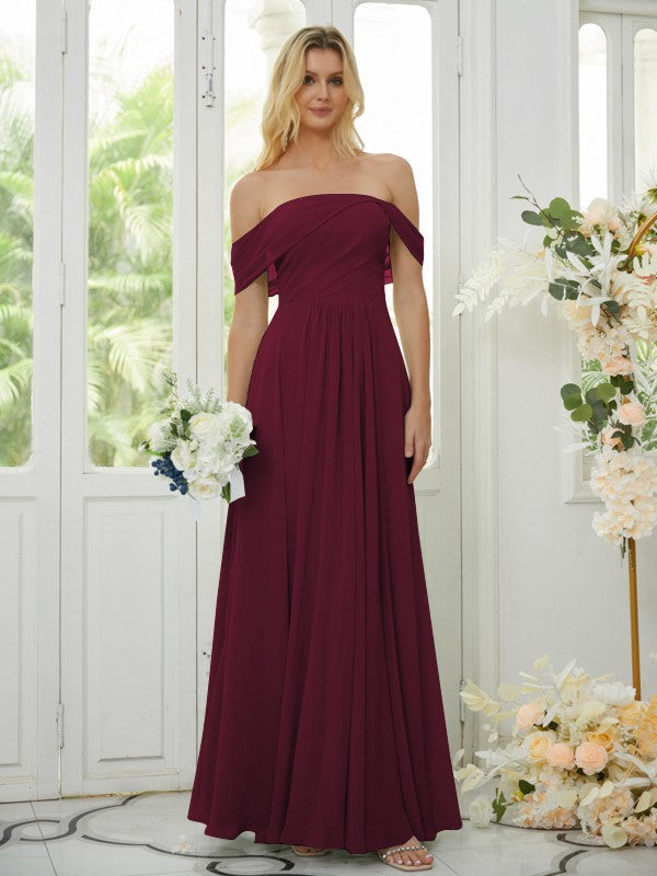 Wholesa A-Line/Princess Chiffon Ruched Off-the-Shoulder Sleeveless Floor-Length Bridesmaid Dresses