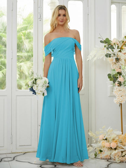 Wholesa A-Line/Princess Chiffon Ruched Off-the-Shoulder Sleeveless Floor-Length Bridesmaid Dresses