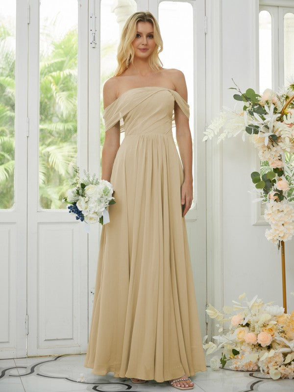 Wholesa A-Line/Princess Chiffon Ruched Off-the-Shoulder Sleeveless Floor-Length Bridesmaid Dresses