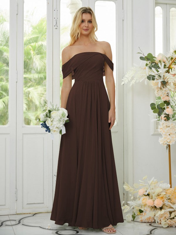 Wholesa A-Line/Princess Chiffon Ruched Off-the-Shoulder Sleeveless Floor-Length Bridesmaid Dresses