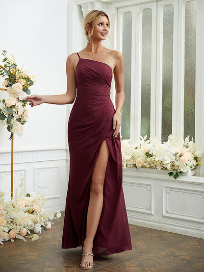 Wholesa  Sheath/Column Chiffon Ruched One-Shoulder Sleeveless Floor-Length Bridesmaid Dresses