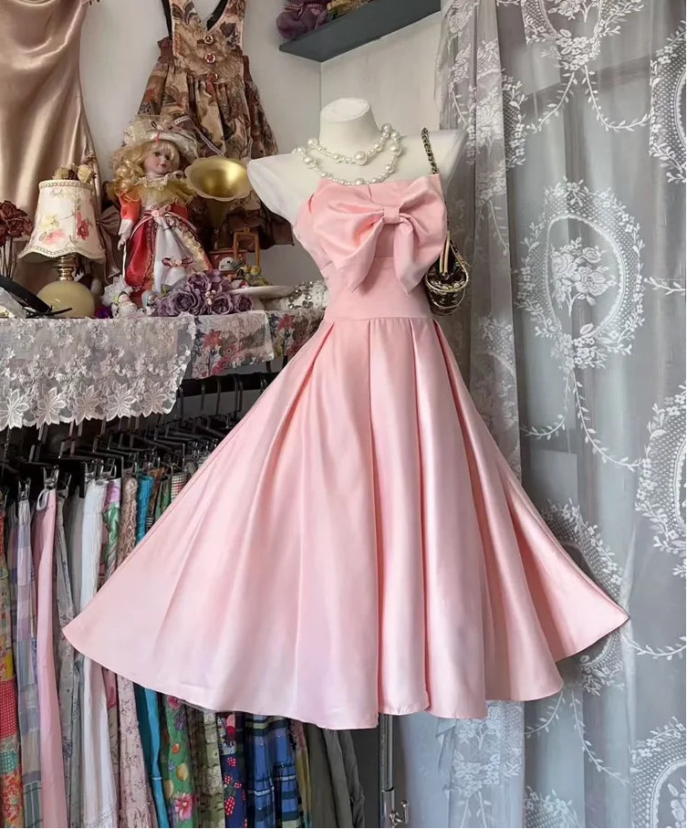 Aimishang Lovely A Line Strapless Birthday Party Dress Cute Cocktail Dress Simple Formal Prom Dress with Bow