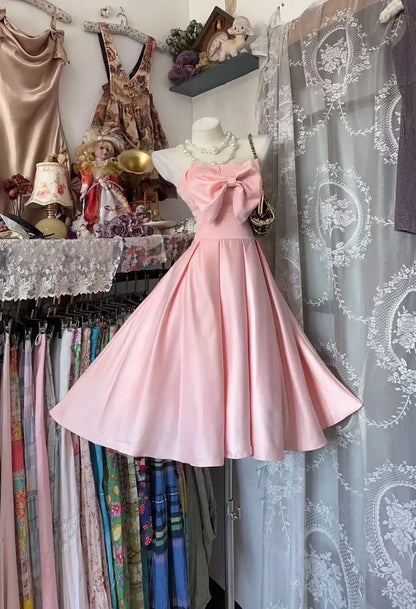 Aimishang Lovely A Line Strapless Birthday Party Dress Cute Cocktail Dress Simple Formal Prom Dress with Bow