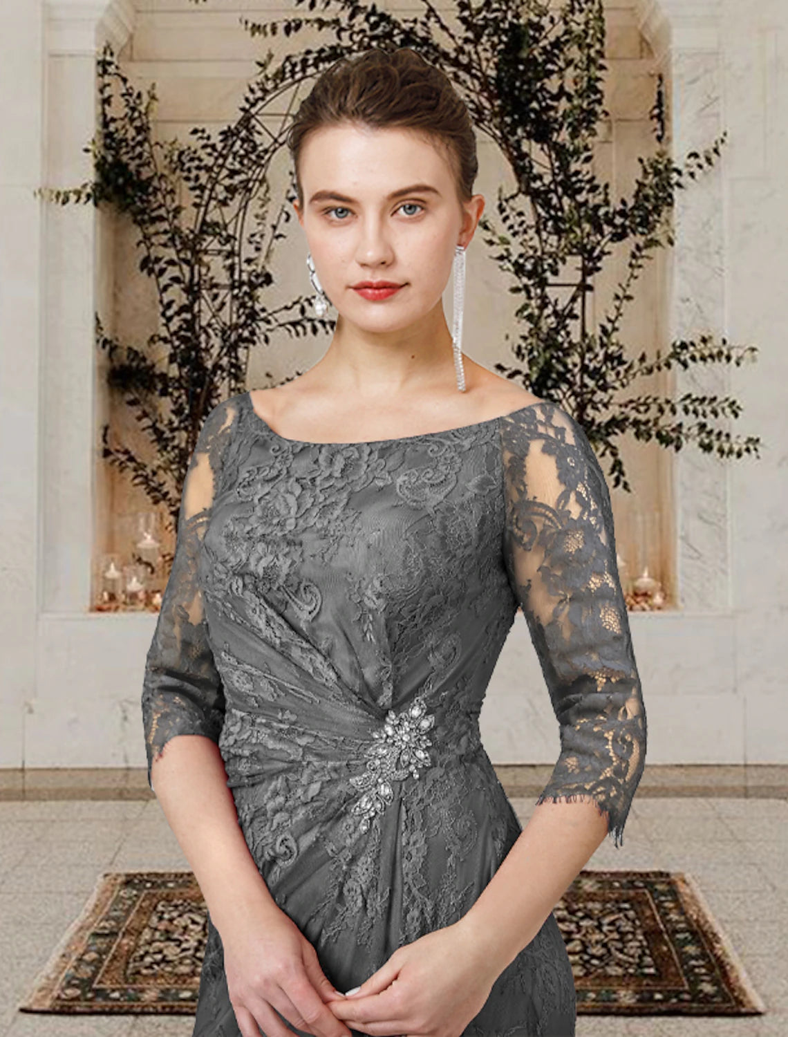 wholesale A-Line Mother of the Bride Dress Wedding Guest Plus Size Elegant Jewel Neck Floor Length Lace Short Sleeve with Ruffles Crystal Brooch Side-Draped Fall