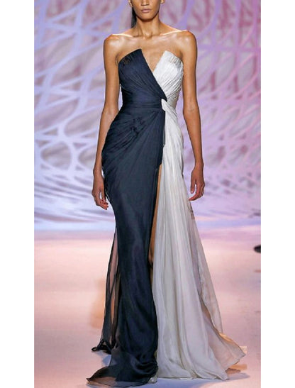 Wholesa Sheath / Column White Party Wear Formal Evening Dress Strapless Sleeveless Sweep / Brush Train Polyester with Slit