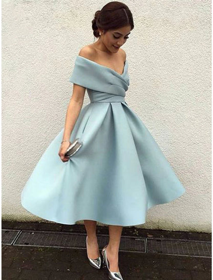 wholesale A-Line Cocktail Dresses 1950s Dress Homecoming Tea Length Short Sleeve V Neck Stretch Fabric V Back with Pleats