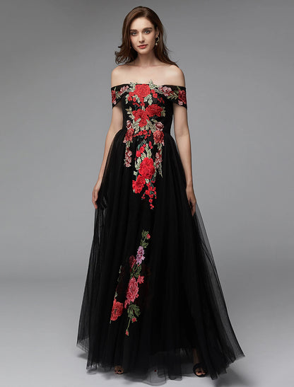 Wholesale A-Line Prom Dresses Floral Dress Wedding Guest Floor Length Sleeveless Off Shoulder Lace Over Tulle with Embroidery Appliques