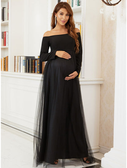 wholesale  A-Line Mother of the Bride Dress Maternity Elegant Off Shoulder Floor Length Tulle Long Sleeve with Tier