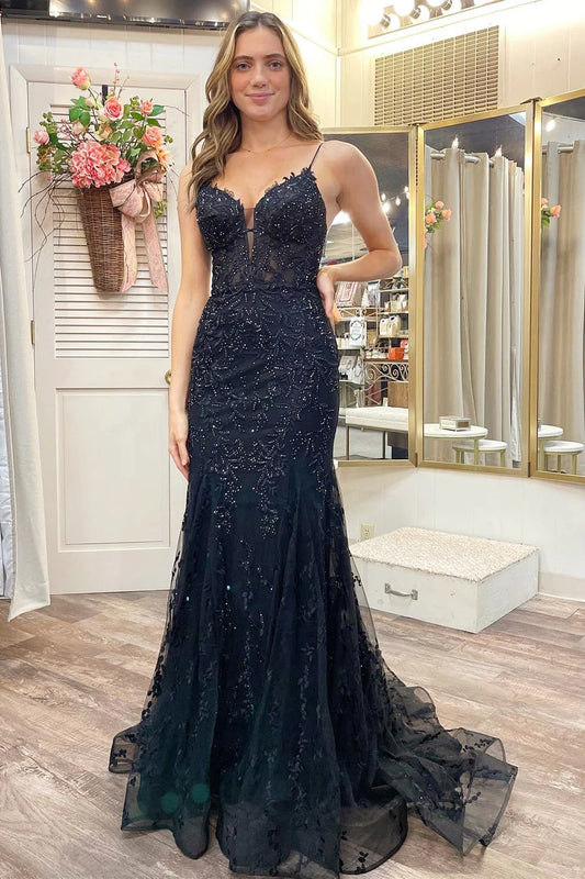 Wholesa Black Appliques Plunge V Lace-Up Trumpet Prom Gown