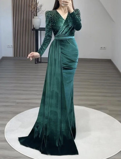 Wholesa Mermaid Party Dress Evening Gown Maxi Dress Formal Black Tie Gala Floor Length Long Sleeve V Neck Fall Wedding Guest Velvet with Ruched Pearls