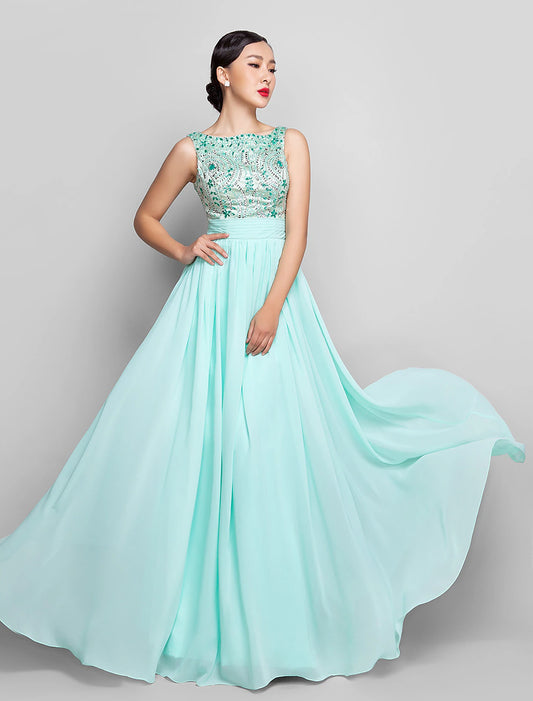 Wholesa  A-Line Beaded & Sequin Holiday Cocktail Party Prom Dress Scoop Neck Sleeveless Floor Length Chiffon with Bow(s) Ruched Beading