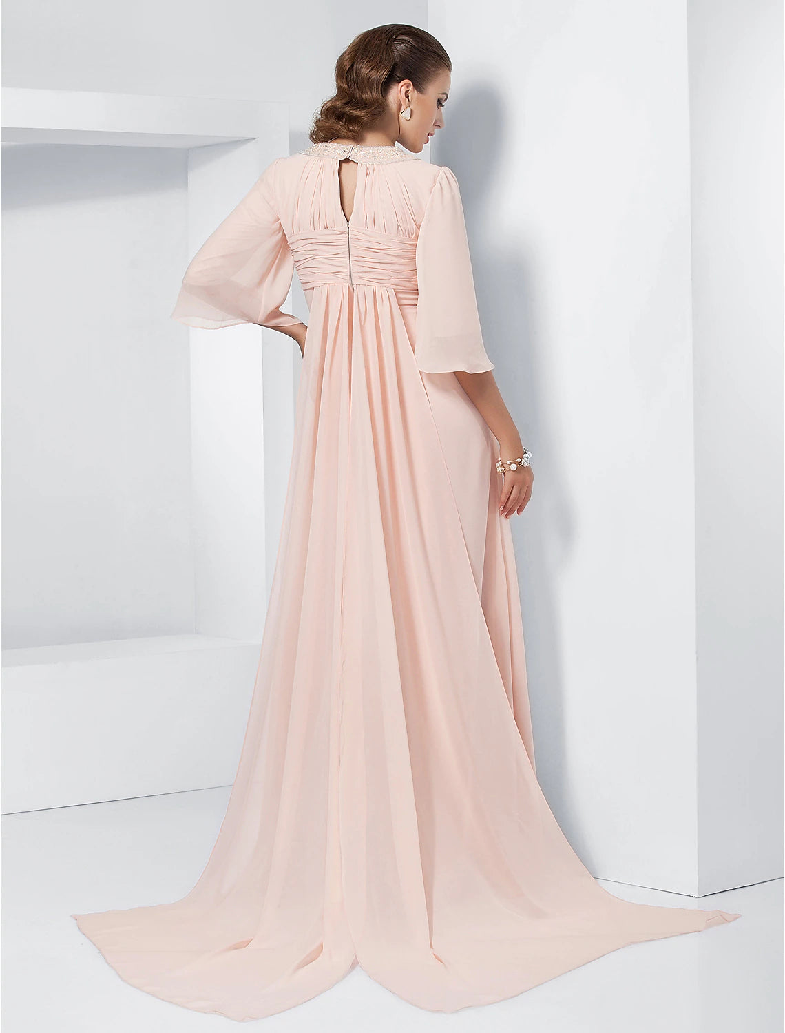 Wholesa A-Line Special Occasion Dresses Elegant Dress Wedding Guest Formal Evening Sweep / Brush Train Half Sleeve Jewel Neck Chiffon with Beading Draping