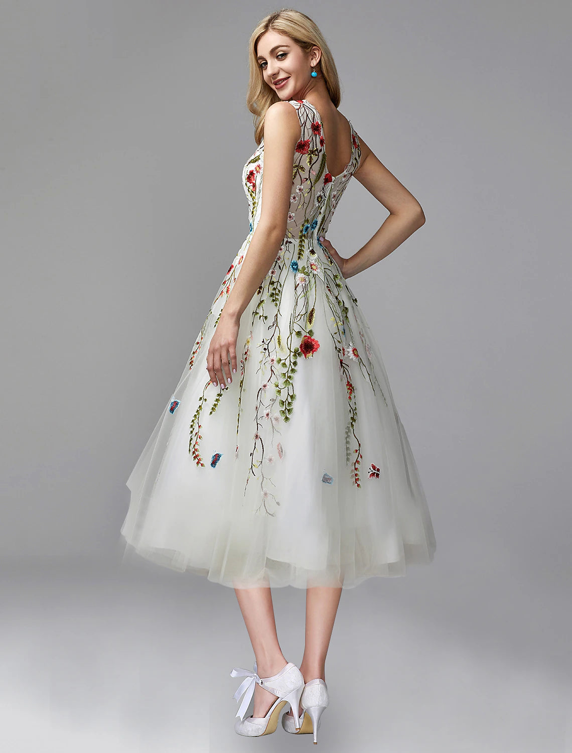 Wholesale A-Line Prom Dresses Floral Dress Engagement Tea Length Sleeveless Jewel Neck Chiffon with Lace Insert Appliques