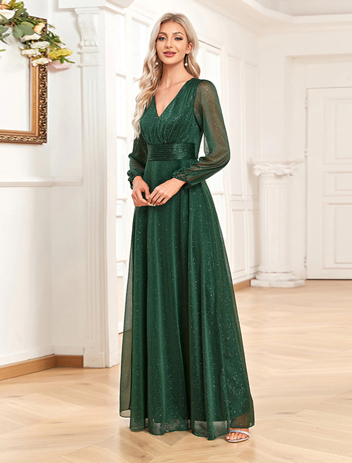 Wholesale A-Line Evening Gown Elegant Dress Formal Floor Length Long Sleeve V Neck Chiffon with Sequin