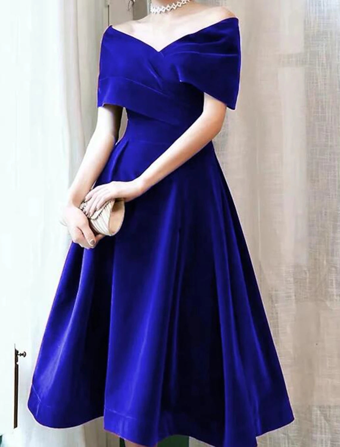 wholesale  A-Line Cocktail Dresses 1950s Dress Fall Wedding Guest Dress Knee Length Short Sleeve Off Shoulder Velvet with Pleats Pure Color