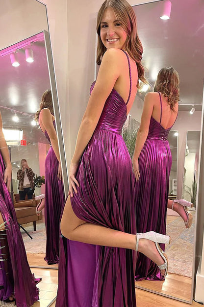 Wholesa Magenta Spaghetti Straps Pleated A-Line Long Prom Dresses