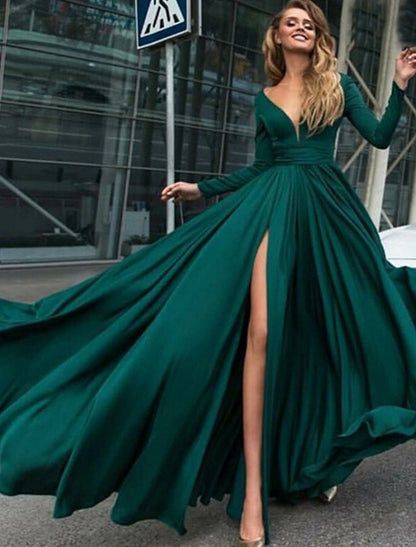 wholesale A-Line Evening Gown Empire Dress Holiday Floor Length Long Sleeve V Neck Chiffon V Back with Slit Pure Color