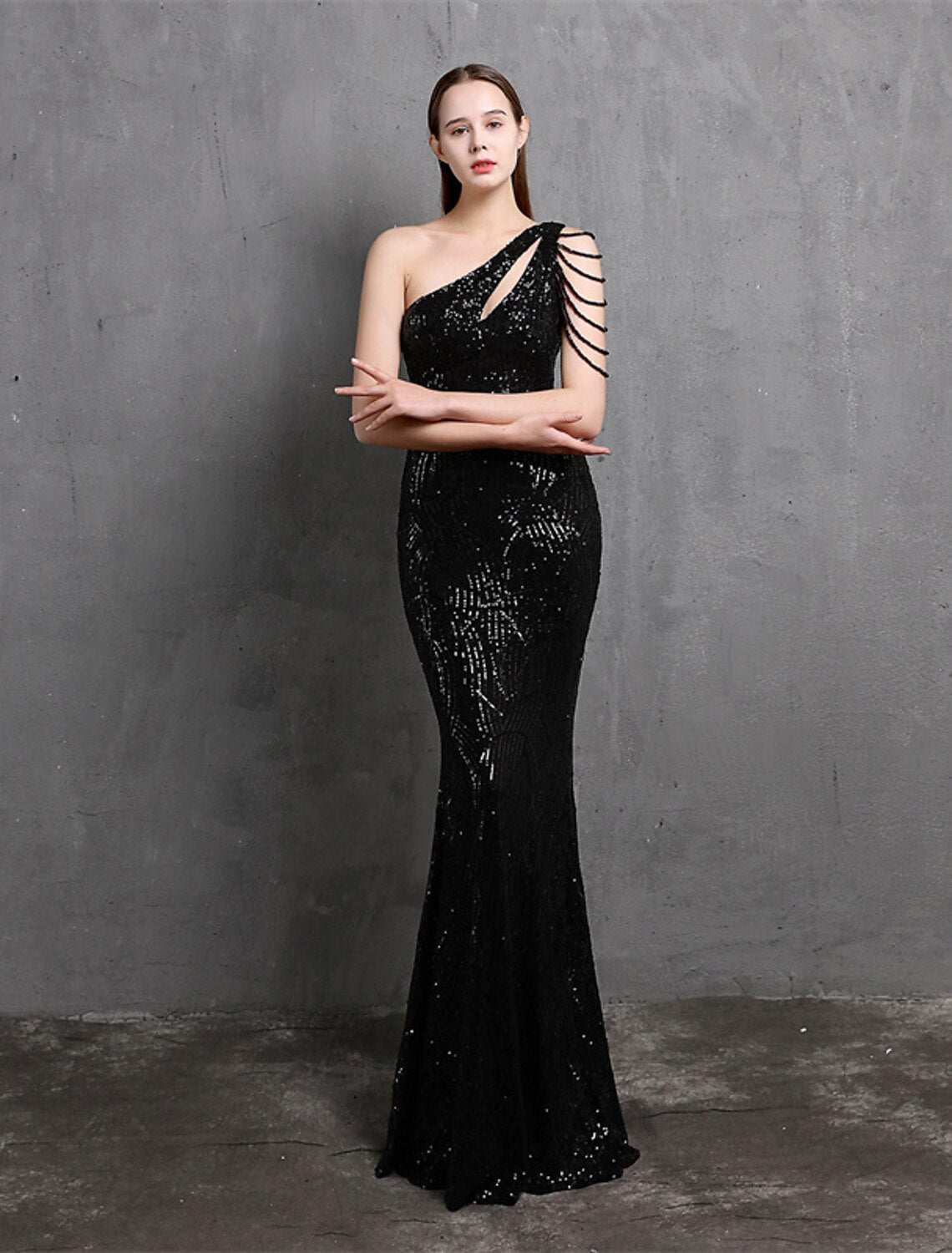 wholesale  Mermaid / Trumpet Evening Gown Sparkle & Shine Dress Formal Floor Length Short Sleeve One Shoulder Sequined with Sequin