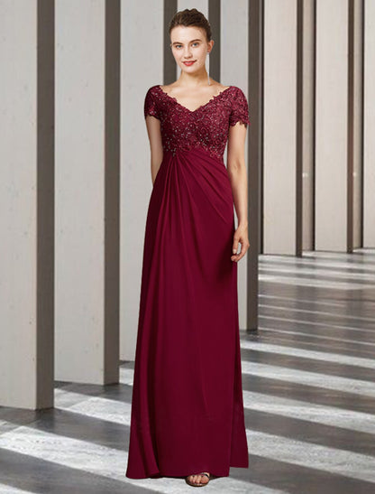 wholesale   Sheath / Column Mother of the Bride Dress Elegant V Neck Floor Length Chiffon Lace Short Sleeve with Appliques