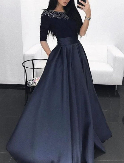 Wholesa Ball Gown Evening Gown Minimalist Dress Quinceanera Formal Evening Floor Length Half Sleeve Illusion Neck Fall Wedding Guest Satin with Pleats Lace Insert