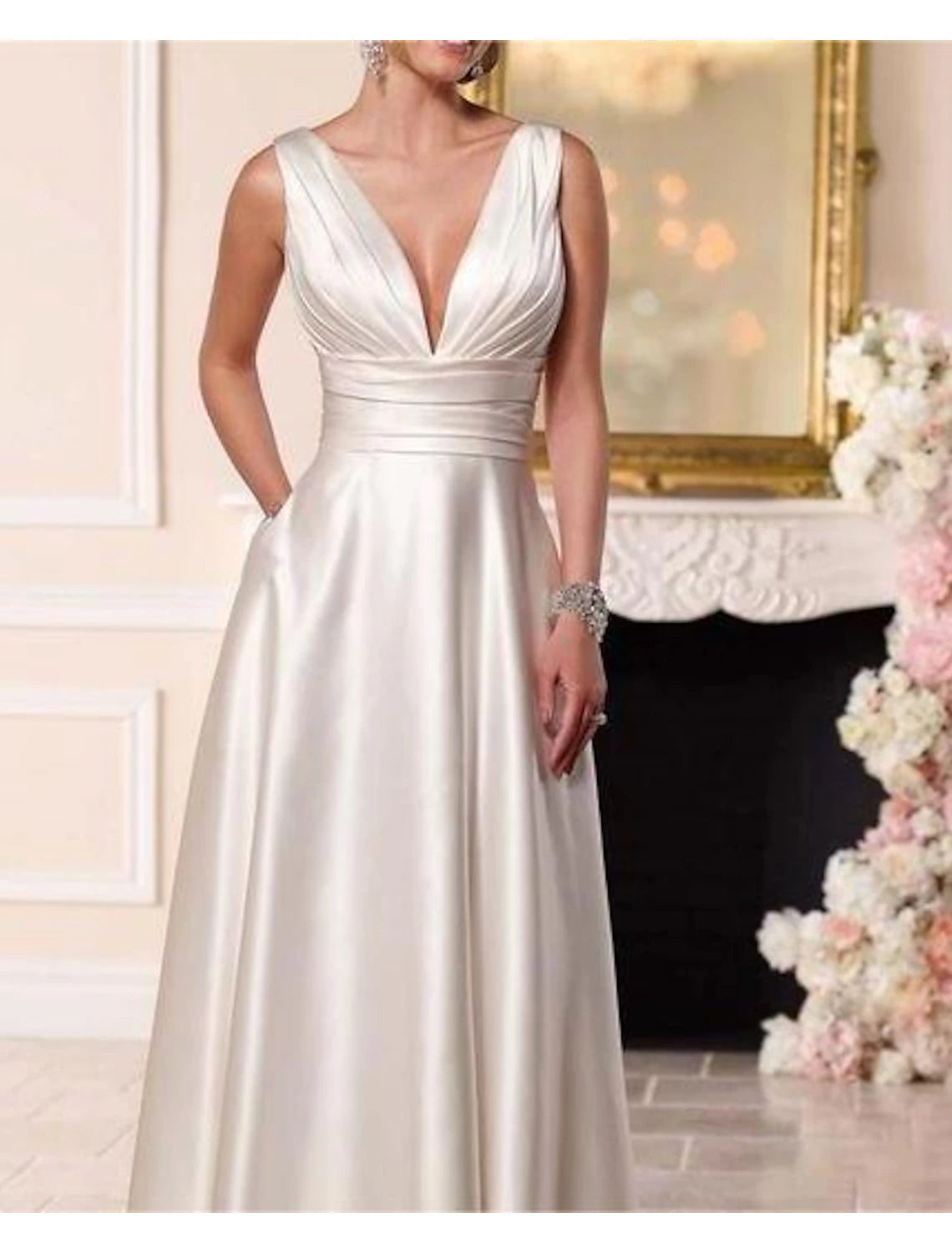 Wholesa Beach Casual Formal Wedding Dresses A-Line V Neck Sleeveless Floor Length Taffeta Bridal Gowns With Pleats Ruched