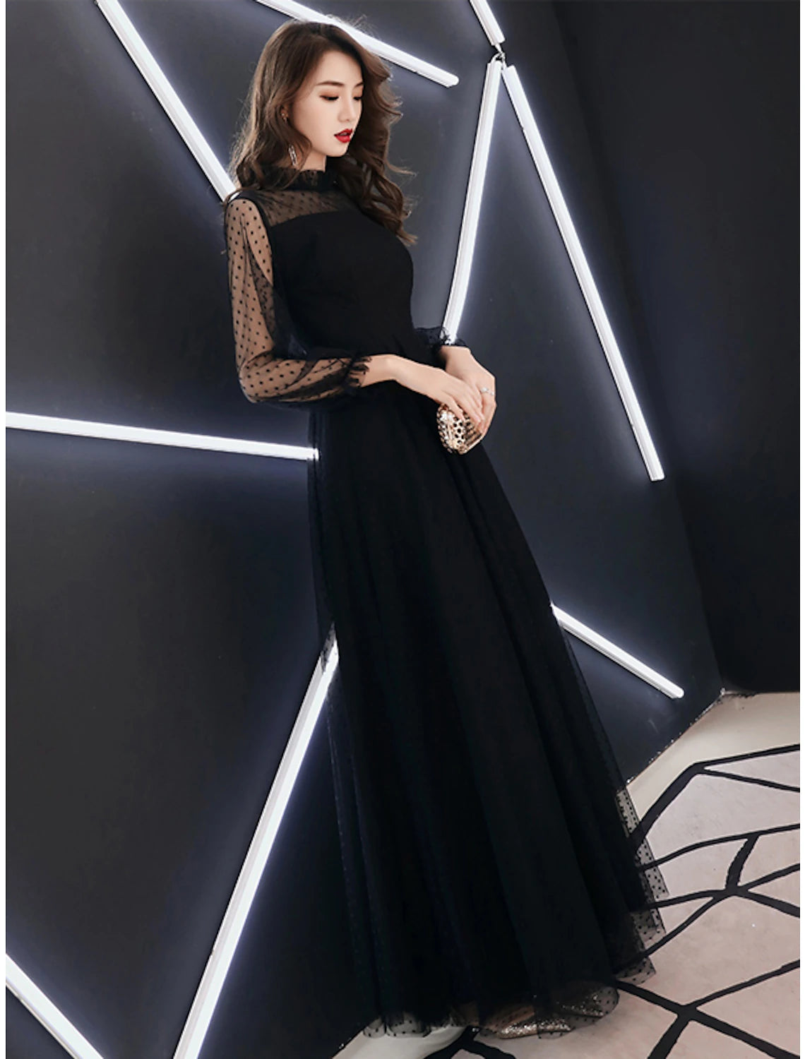 Wholesale A-Line Little Black Dress Elegant Party Wear Prom Dress High Neck Long Sleeve Floor Length Lace with Ruffles