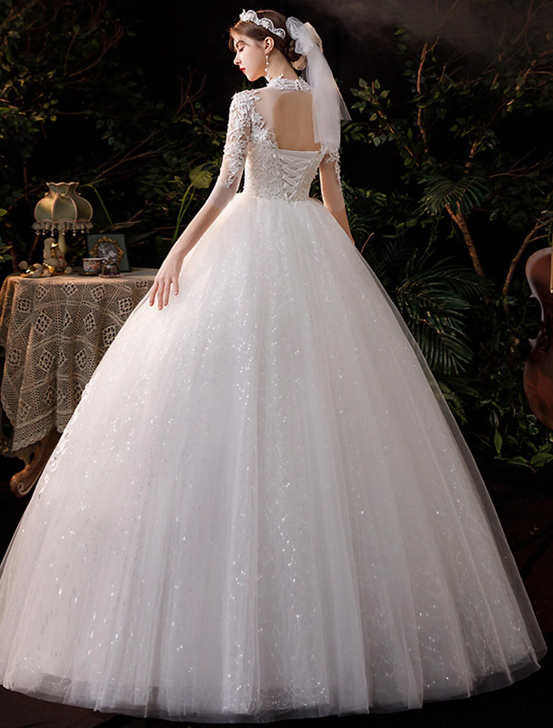 Wholesale Wedding Dresses Floor Length Ball Gown Half Sleeve High Neck Lace With Appliques Bridal Gowns