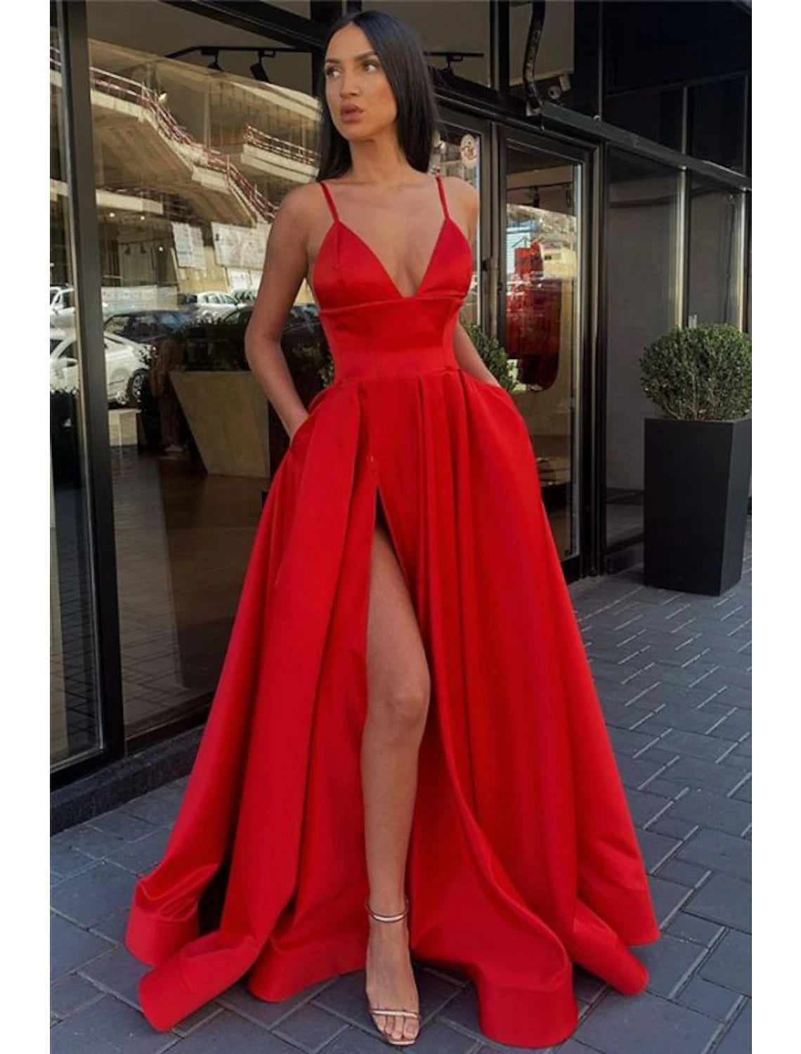 Wholesale A-Line Black Prom Dress High Split Evening Dress Formal Birthday Summer Dress Spaghetti Strap Sleeveless Sweep / Brush Train Satin with Pleats Split Front