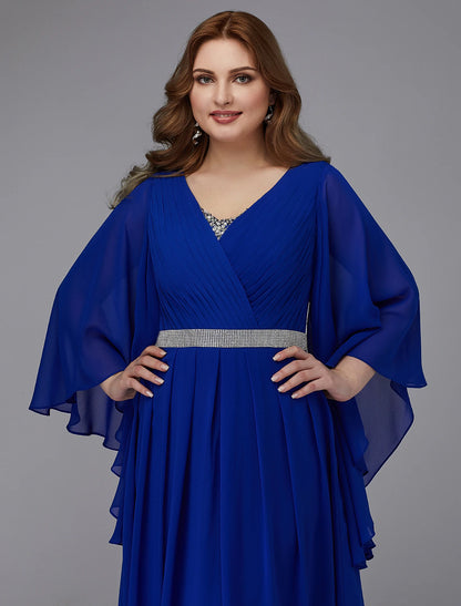 Wholesale A-Line Plus Size Dress Wedding Guest Floor Length Long Sleeve V Neck Chiffon Lace-up with Crystals Sequin