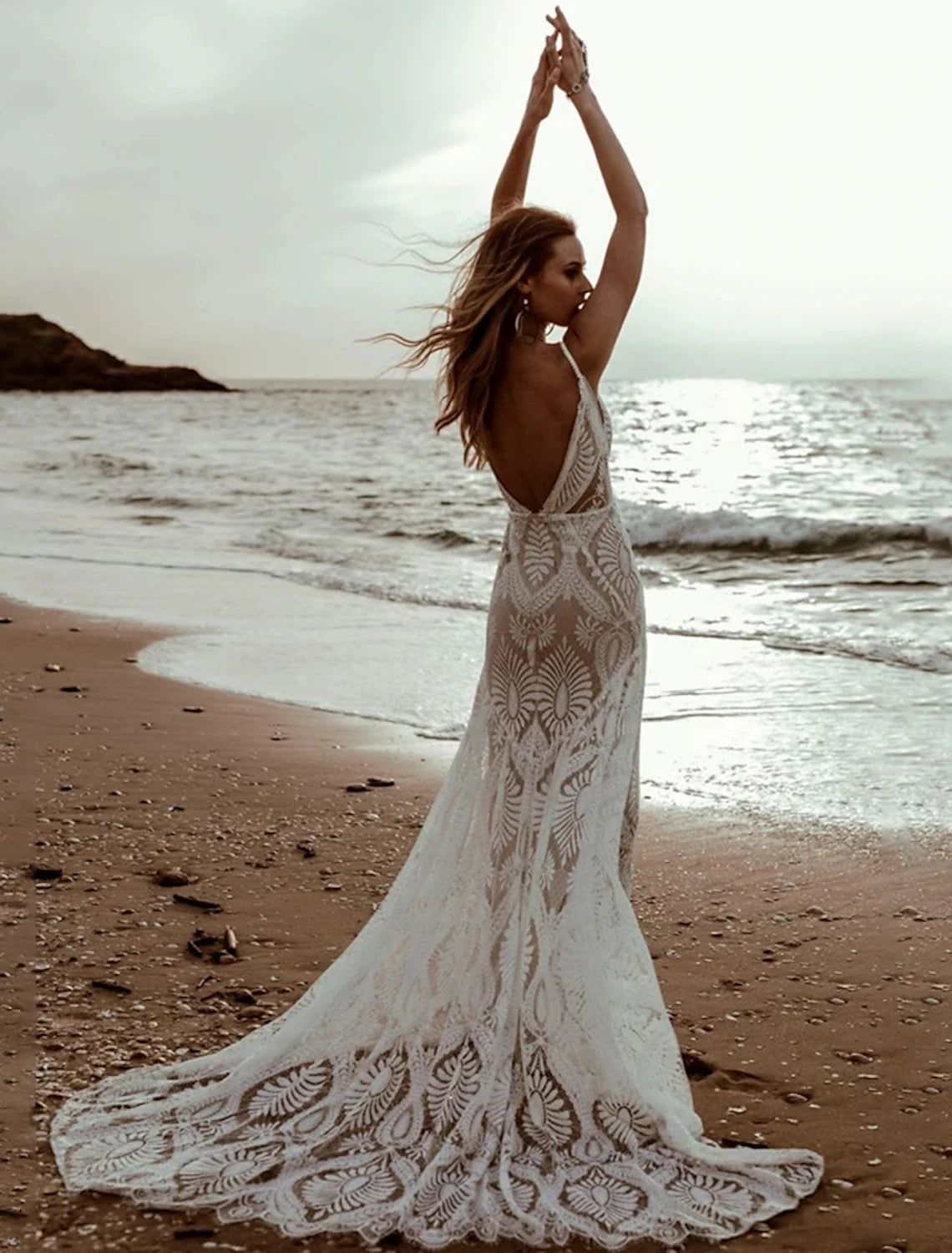 Aimishang Beach Vintage Open Back Wedding Dresses Mermaid / Trumpet Camisole V Neck Sleeveless Sweep / Brush Train Chiffon Bridal Gowns With Pleats Solid Color