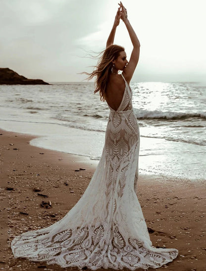 Aimishang Beach Vintage Open Back Wedding Dresses Mermaid / Trumpet Camisole V Neck Sleeveless Sweep / Brush Train Chiffon Bridal Gowns With Pleats Solid Color
