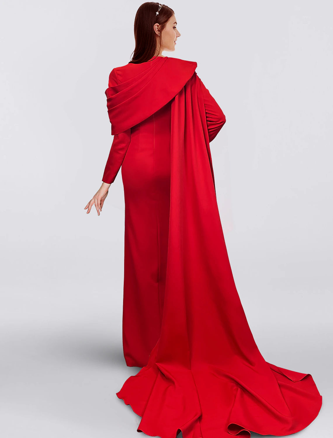 Wholesa Sheath Red Black Red Green Dress Evening Gown Elegant Cape Dress Formal Fall Sweep / Brush Train Long Sleeve Cowl Neck Stretch Fabric with Buttons Slit