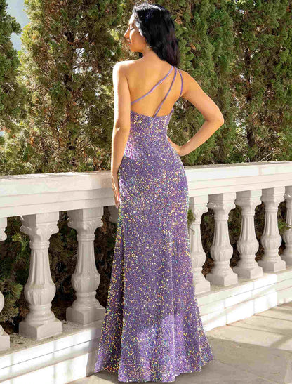 Wholesa Sheath / Column Prom Dresses Sparkle & Shine Dress Party Wear Wedding Party Floor Length Sleeveless One Shoulder Sequined with Sequin Slit