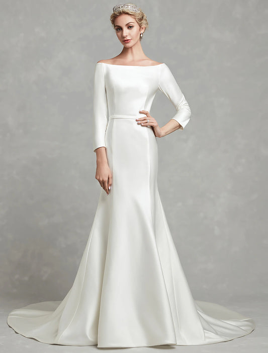 Wholesale Casual Fall Wedding Dresses Mermaid / Trumpet Off Shoulder 3/4 Length Sleeve Chapel Train Satin Bridal Gowns With Pleats Summer Wedding Party