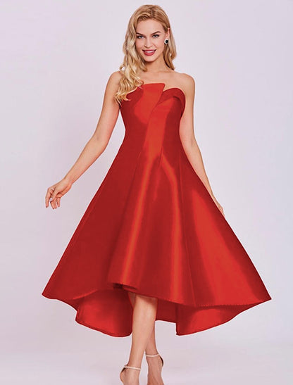 wholesale  A-Line Cocktail Dresses Minimalist Dress Homecoming Tea Length Sleeveless Strapless Satin with Sleek