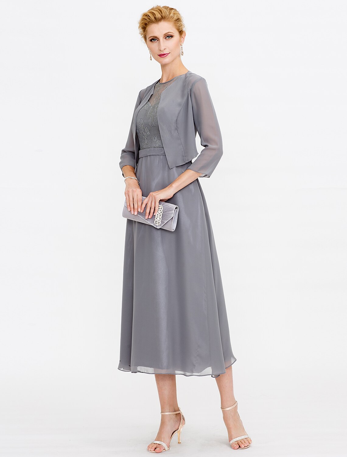 Wholesa A-Line Mother of the Bride Dress Fall Wedding Guest Dresses Plus Size Elegant Illusion Neck Tea Length Chiffon Corded Lace Sleeveless Wrap Included with Lace Pleats