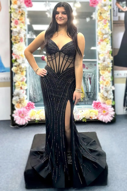 Wholesale Prom Dress Mermaid Glitter Spaghetti Straps Corset with Beading And Slit