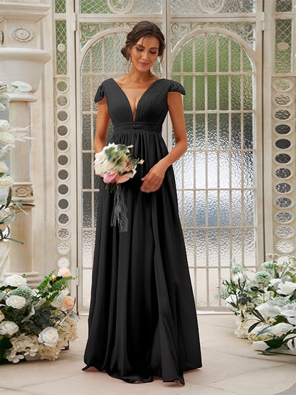 Wholesa A-Line/Princess Chiffon Ruffles V-neck Sleeveless Sweep/Brush Train Bridesmaid Dresses