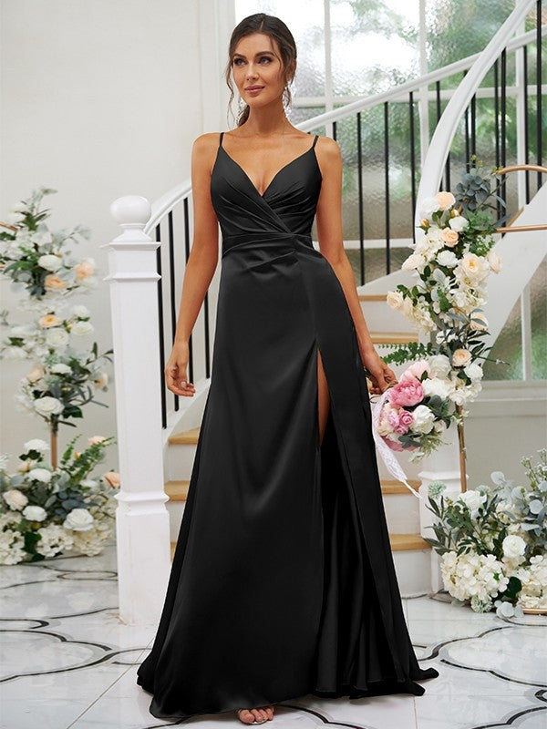 Wholesa A-Line/Princess Silk like Satin Ruched V-neck Sleeveless Floor-Length Bridesmaid Dresses