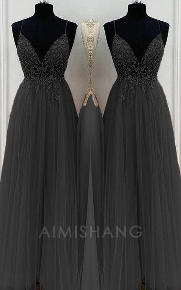 Aimishang A-Line Elegant Beading Tulle Spaghetti Straps Sleeveless Floor-Length Prom Dresses