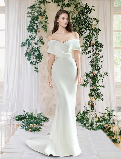 Wholesale Hall Casual Fall Wedding Dresses Sheath / Column Off Shoulder Cap Sleeve Chapel Train Satin Bridal Gowns With Ruched Summer Wedding Party