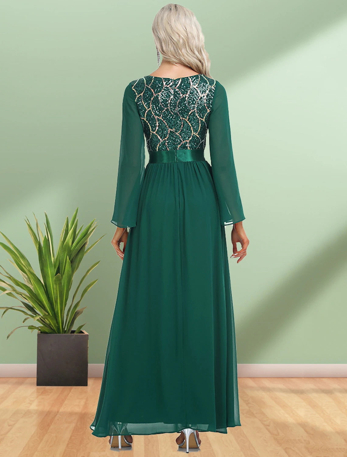 wholesale   A-Line Evening Gown Elegant Dress Party Wear Floor Length Long Sleeve V Neck Chiffon with Sequin