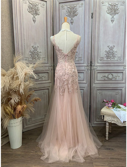 wholesale  Mermaid / Trumpet Prom Dresses Maxi Dress Party Wear Sweep / Brush Train Sleeveless V Neck Tulle with Appliques