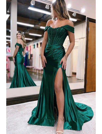 Wholesa Mermaid / Trumpet Evening Gown Empire Dress Formal Wedding Guest Court Train Sleeveless Off Shoulder Imitation Silk with Slit Appliques