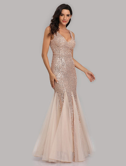 Wholesa  Mermaid / Trumpet Sparkle Sexy Party Wear Formal Evening Dress V Neck Sleeveless Floor Length Sequined with Sequin